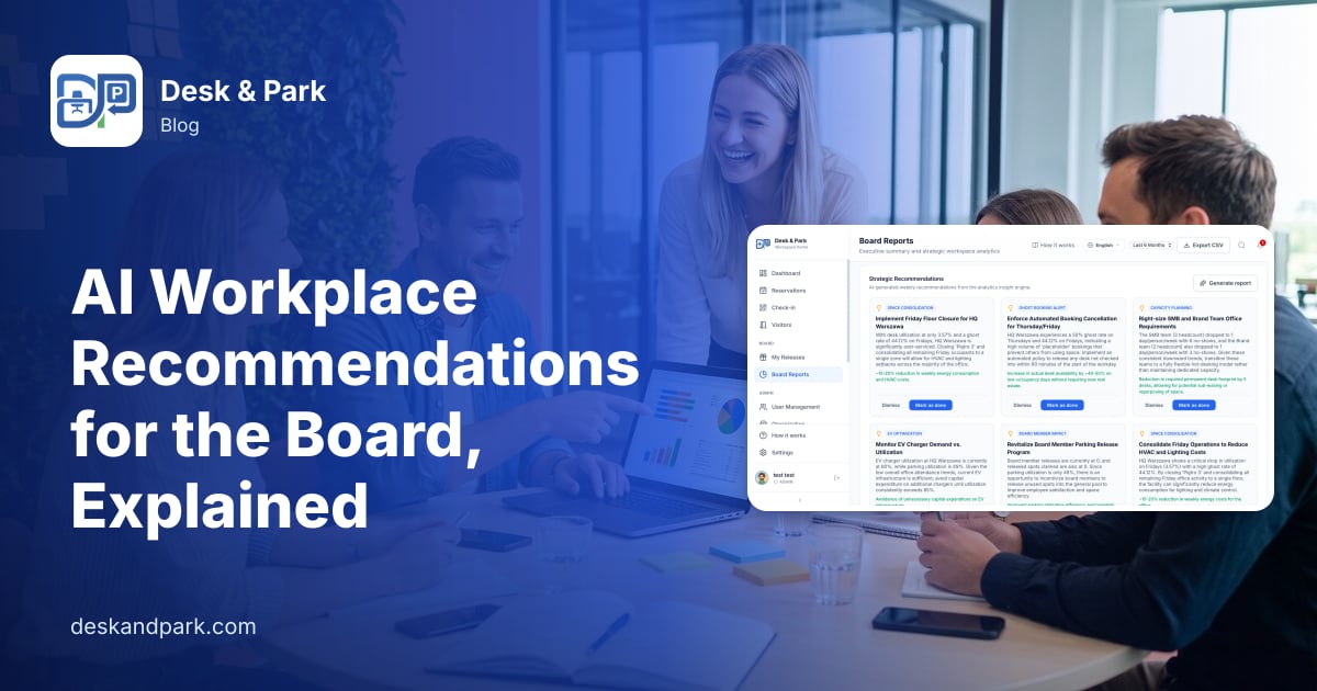 Colleagues discussing charts on a laptop around a round table in the office, with the AI recommendations in Board Reports