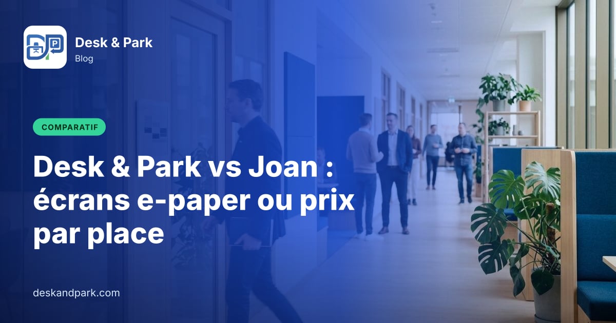Un homme entre dans une salle de réunion, devant un petit afficheur e-paper près de la porte, dans un couloir clair