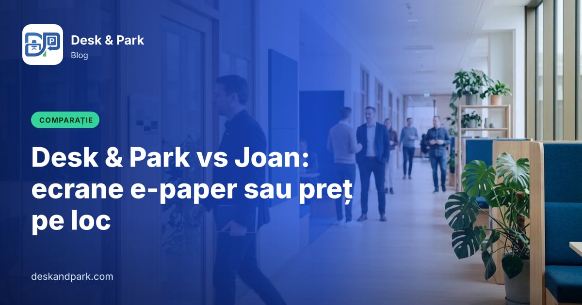 Un bărbat intră într-o sală de ședințe, pe lângă un mic afișaj e-paper de lângă ușă, pe un hol luminos