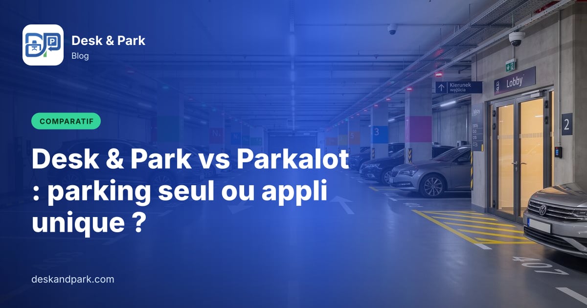 Parking souterrain de bureaux avec places numérotées et accès au hall