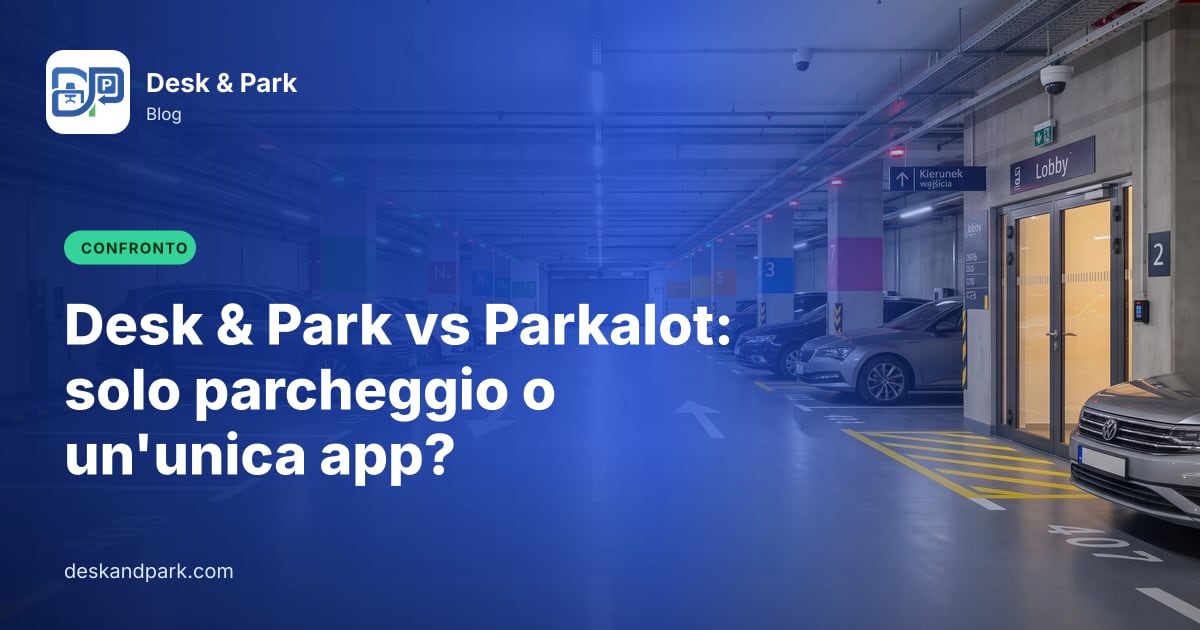 Parcheggio sotterraneo aziendale con posti numerati e ingresso alla hall