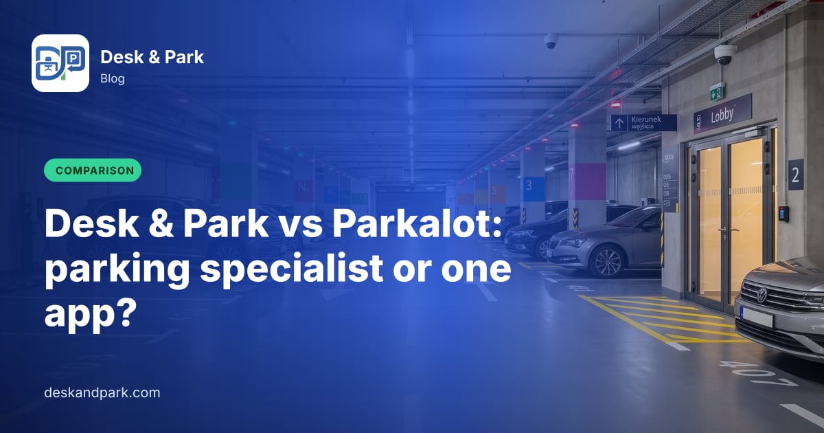 An underground office car park with numbered bays and the lobby entrance