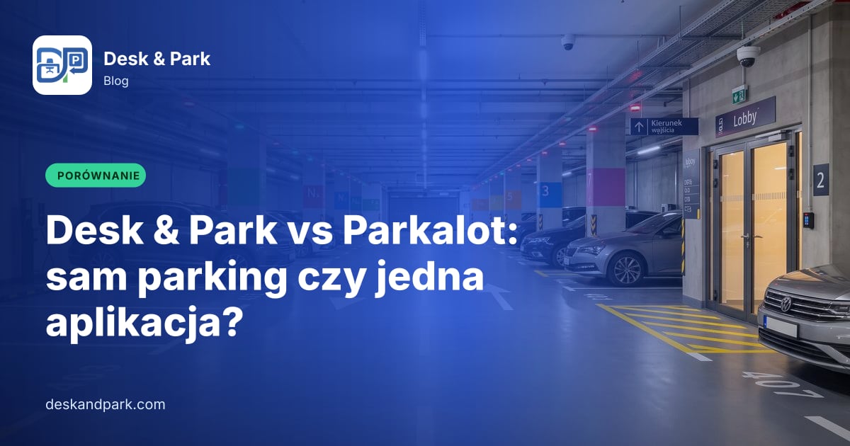Podziemny parking biurowy z numerowanymi miejscami i wejściem do lobby