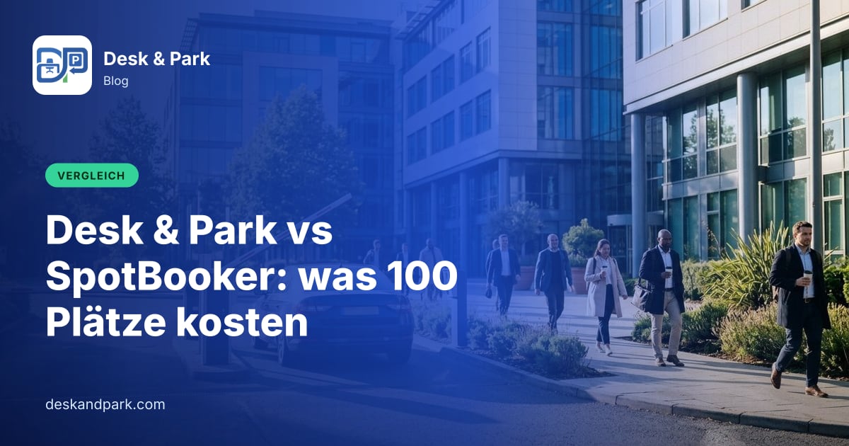 Ein Auto an der geöffneten Schranke eines Firmenparkplatzes, daneben gehen Menschen zur Arbeit