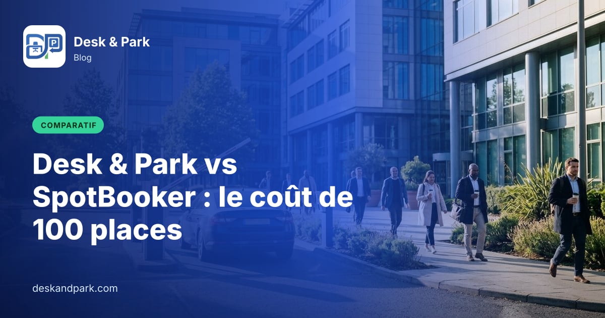 Une voiture à la barrière levée d’un parking de bureaux, tandis que des gens se rendent au travail