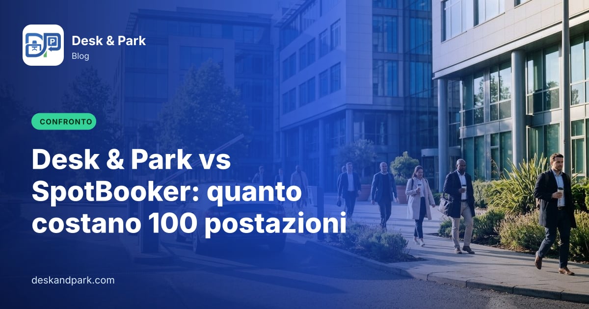Un’auto davanti alla sbarra alzata del parcheggio di un ufficio mentre le persone vanno al lavoro