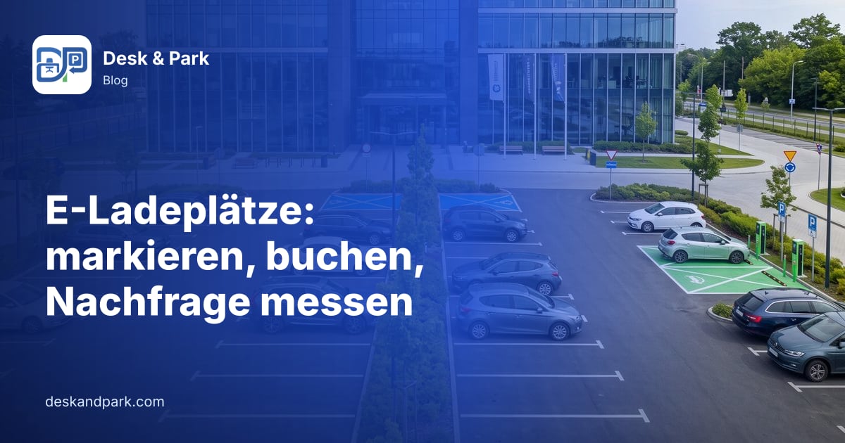 Bürogebäude mit Außenparkplatz und grün markierten E-Ladeplätzen