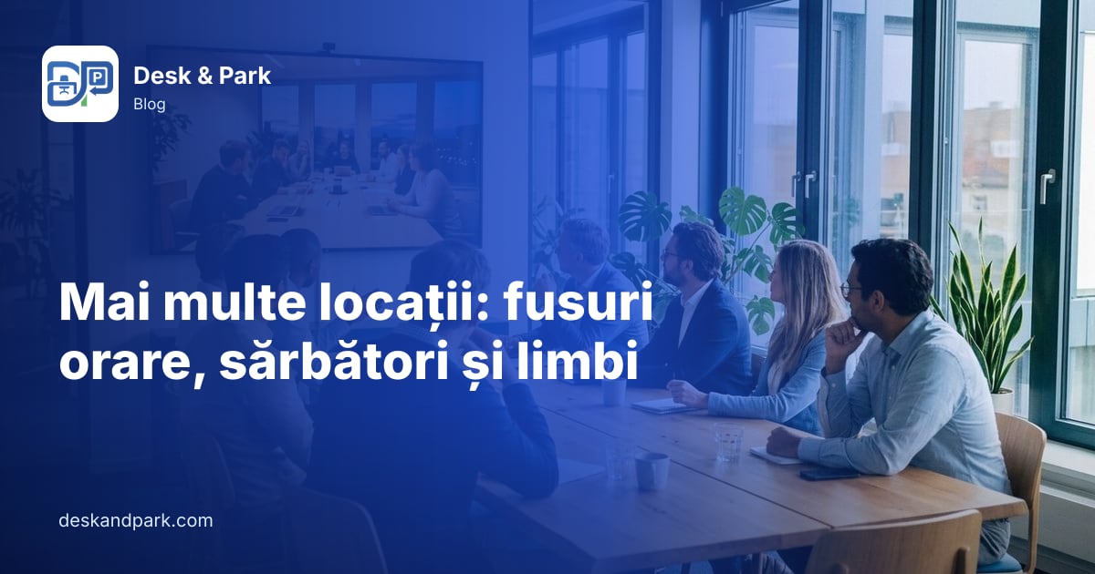 O echipă la masa de ședințe, în apel video cu colegi din alt birou afișați pe un ecran mare