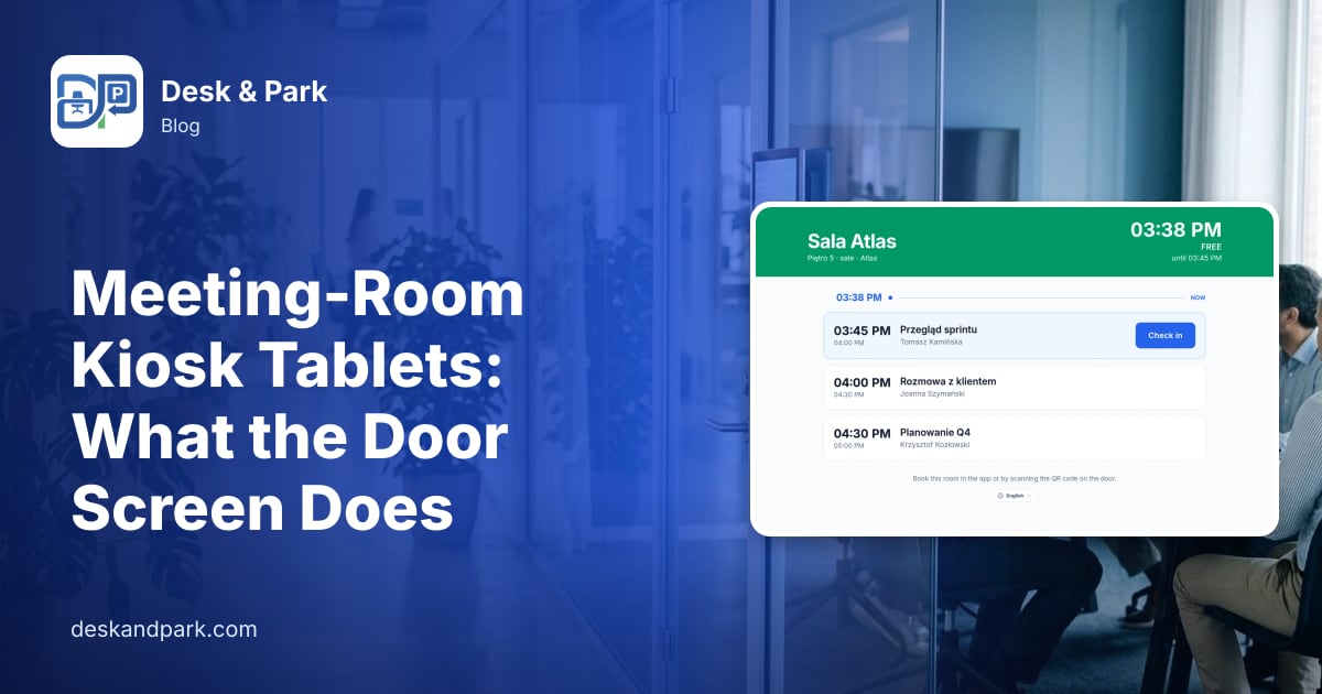 A booking tablet on the glass wall of a meeting room, with a team meeting inside, with the meeting-room tablet showing the day's schedule