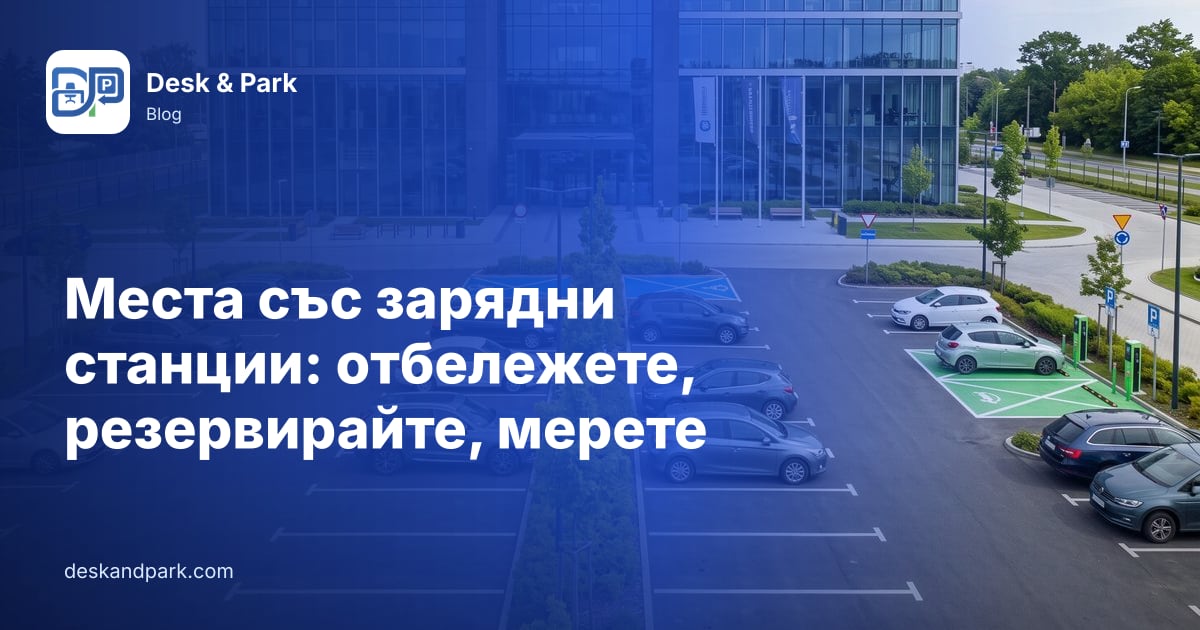 Офис сграда с външен паркинг и зелени места за зареждане на електромобили