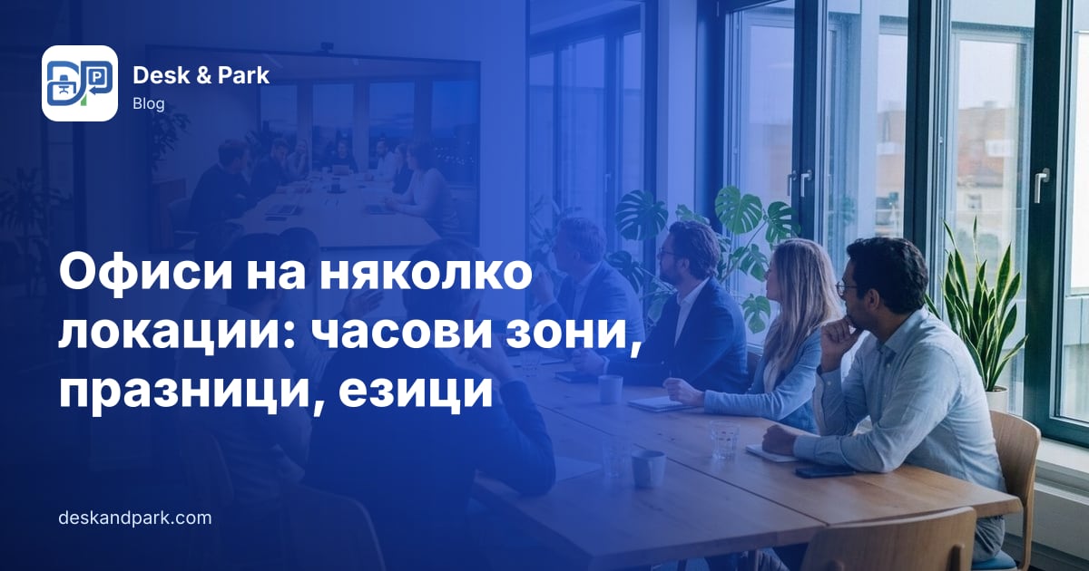 Екип на заседателна маса във видеоразговор с колеги от друг офис на голям екран