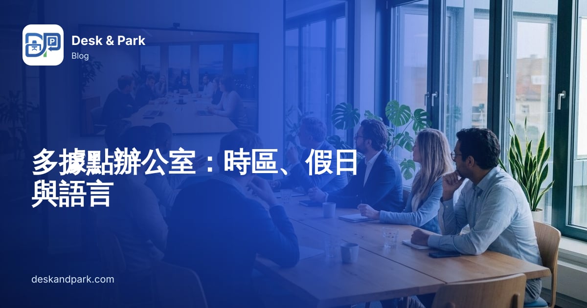 團隊圍坐在會議桌旁,透過大螢幕與另一間辦公室的同事視訊通話