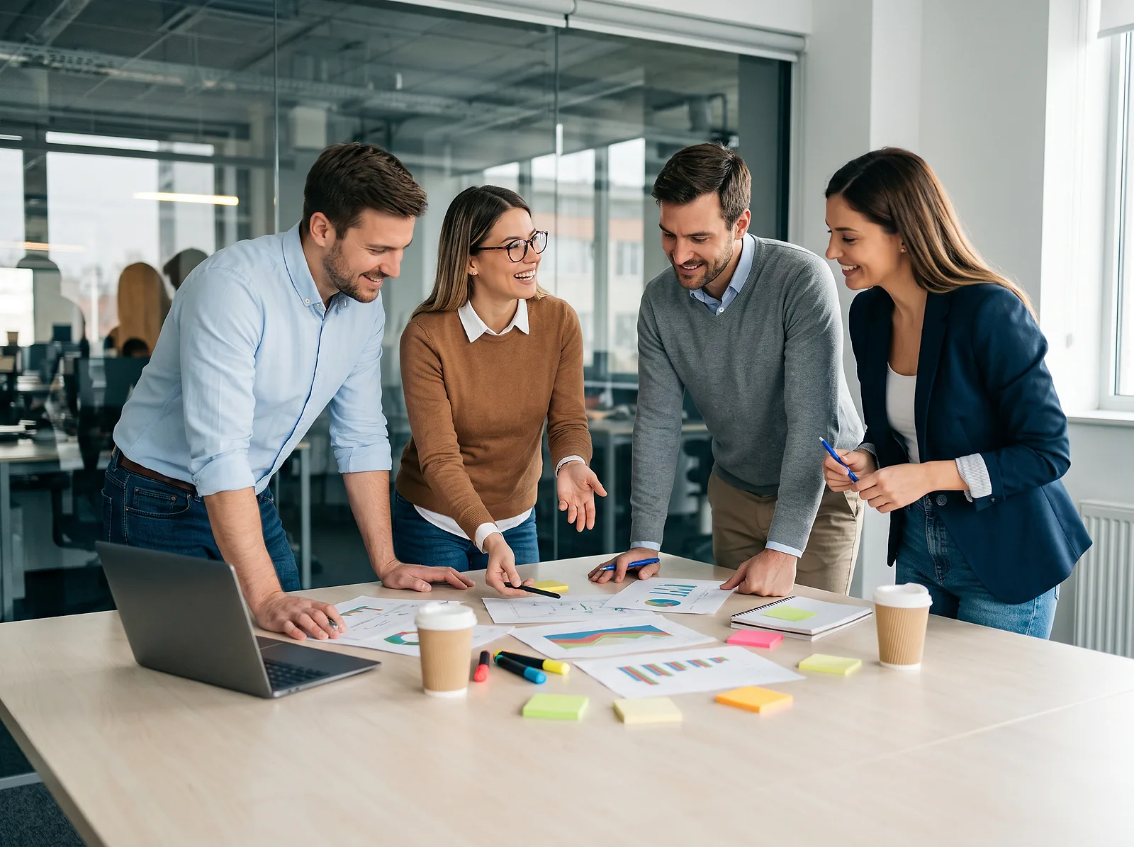 Quatre collègues debout autour d'une table couverte de graphiques, de post-it et de cafés, qui planifient ensemble au bureau