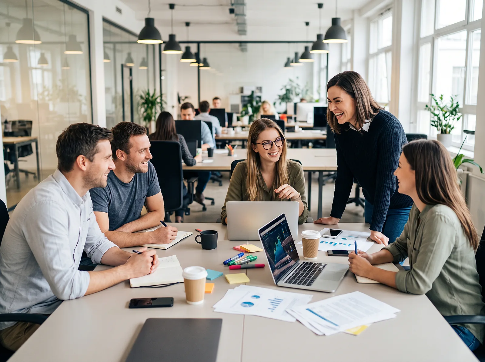 Un team attorno a un tavolo condiviso in un open space luminoso, che parla e ride davanti ai portatili