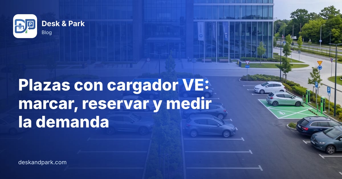 Edificio de oficinas con aparcamiento exterior y plazas verdes de carga de VE