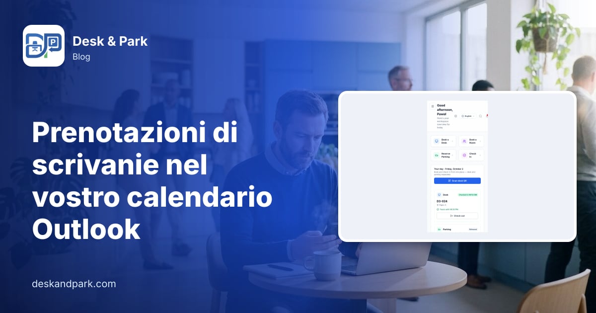 Un uomo controlla il telefono accanto al portatile a un tavolino nella luminosa cucina dell’ufficio, con la vista della giornata di Desk & Park sul telefono