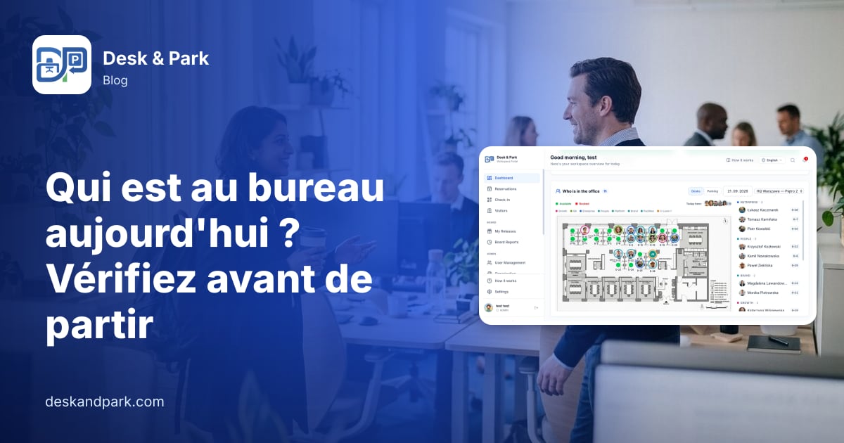 Deux collègues se saluent dans un bureau hybride, l’une arrivant avec un sac à dos et un café, avec le plan d'étage Qui est au bureau