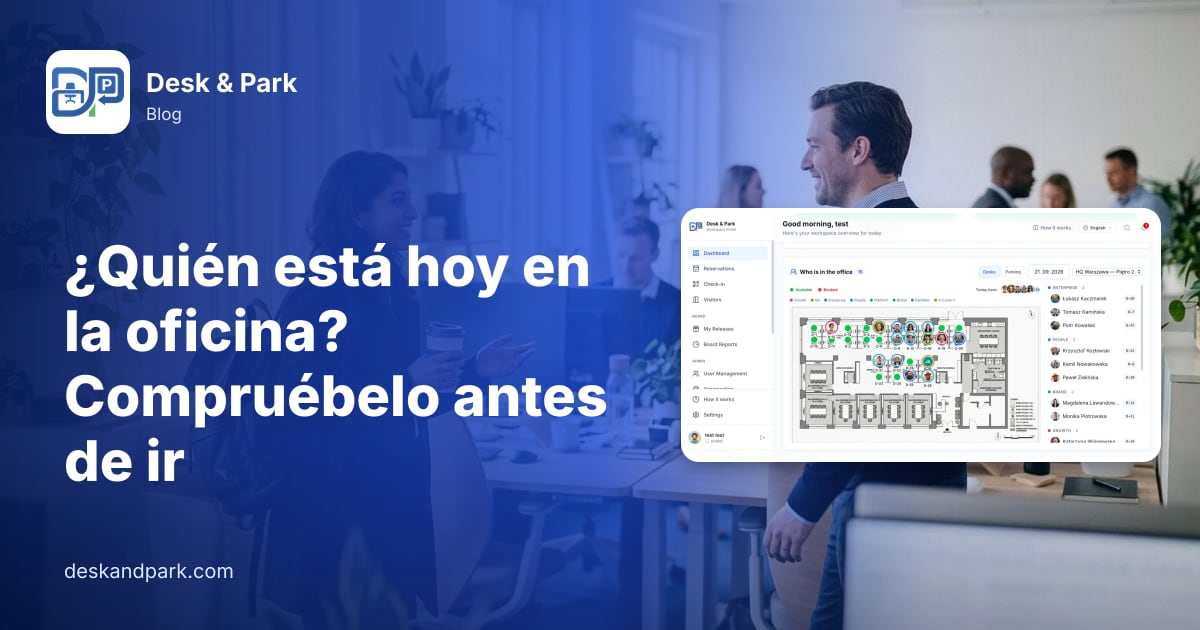 Dos compañeros se saludan en una oficina híbrida mientras una llega con mochila y café, con el plano de planta Quién está en la oficina