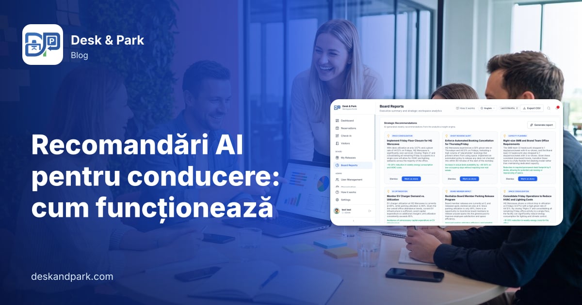 Colegi discută grafice pe un laptop în jurul unei mese rotunde din birou, cu recomandările AI din rapoartele pentru conducere