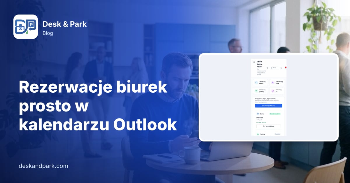 Mężczyzna sprawdza telefon obok laptopa przy stoliku w jasnej biurowej kuchni, z widokiem dnia w Desk & Park na telefonie