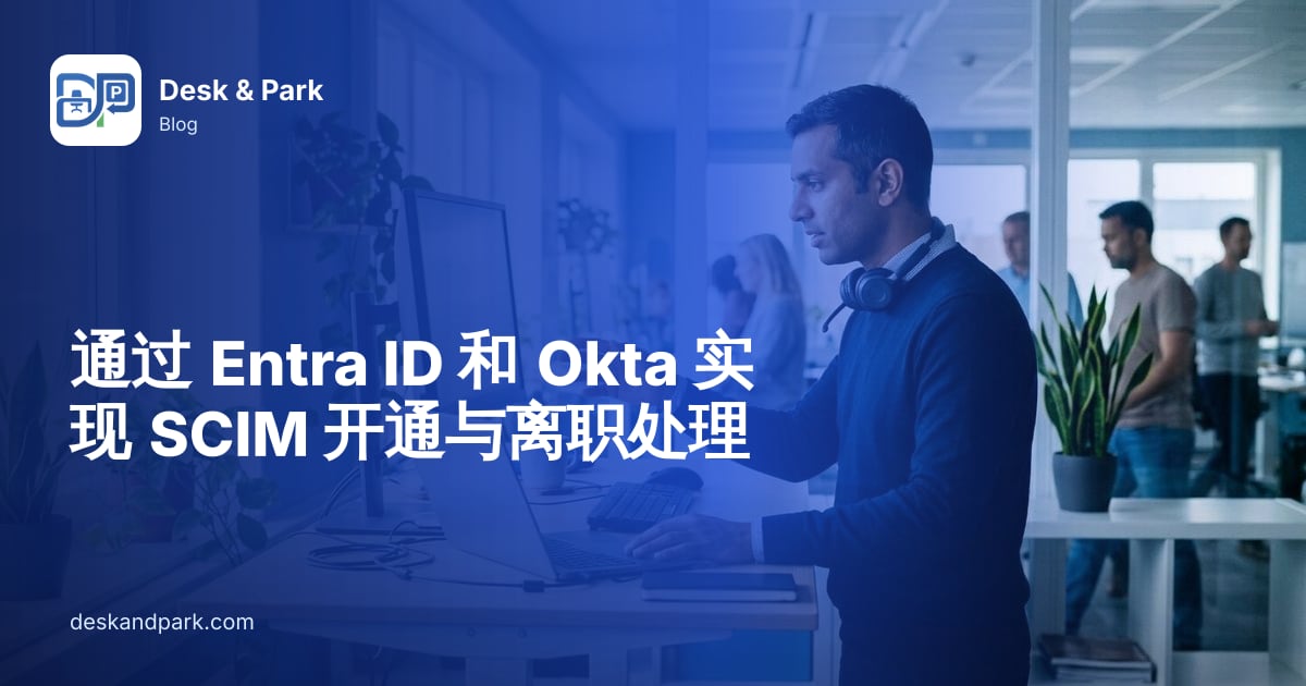 一名脖子上挂着耳机的 IT 管理员在升降桌前用笔记本电脑和显示器工作