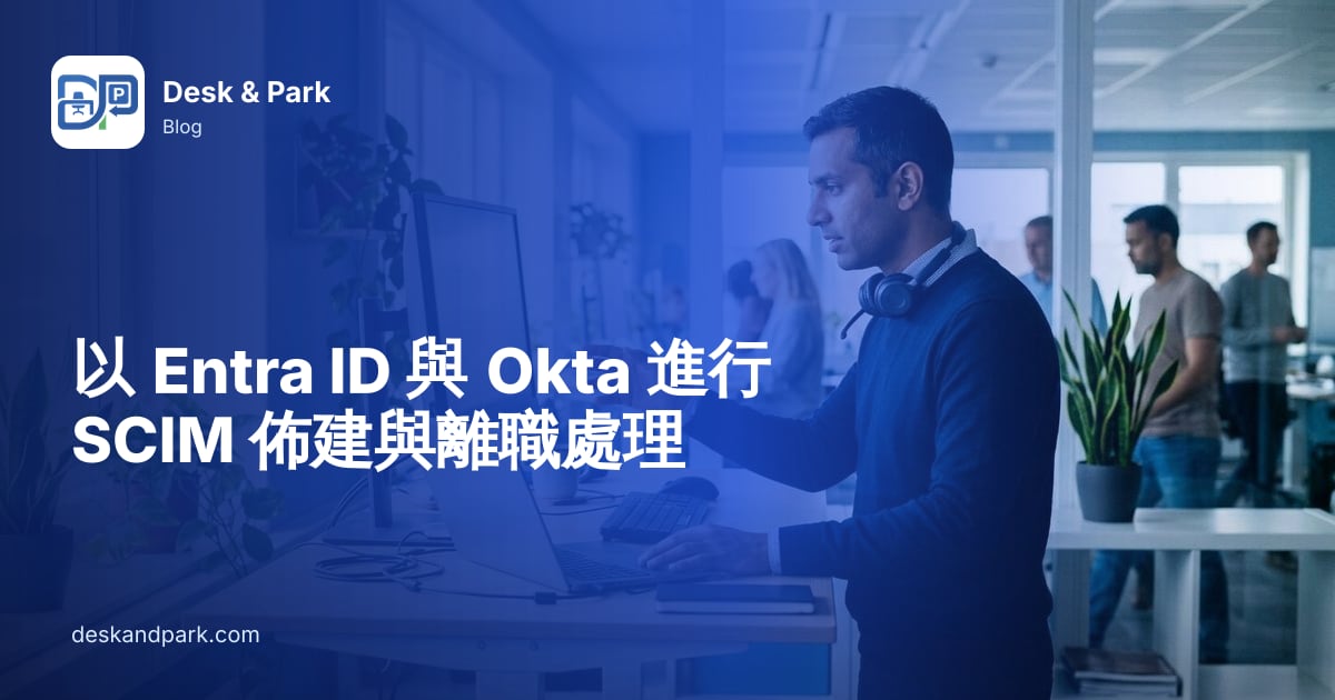 一名脖子上掛著耳機的 IT 管理員在升降桌前用筆記型電腦和螢幕工作