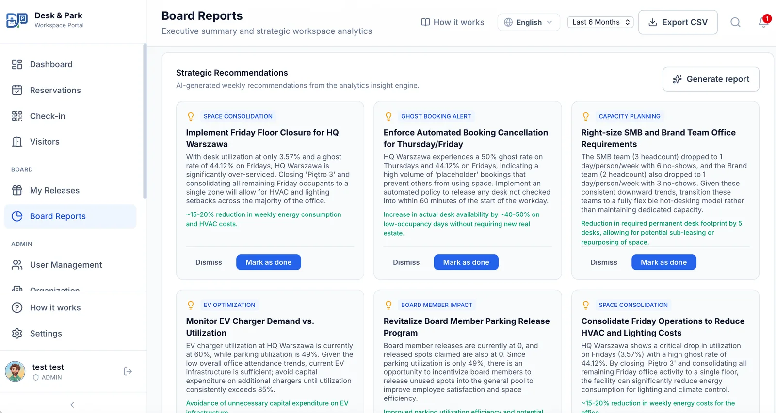 Strategic recommendations on Board Reports: AI-generated cards with a category, the reasoning, a model-written impact estimate and Dismiss / Mark as done buttons