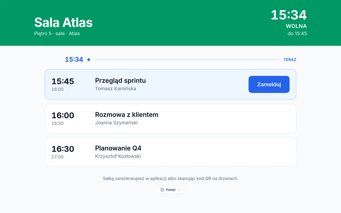 Tablet przy sali konferencyjnej: sala jest teraz wolna, widać dzisiejsze spotkania, ich organizatorów i przycisk check-in dla najbliższego