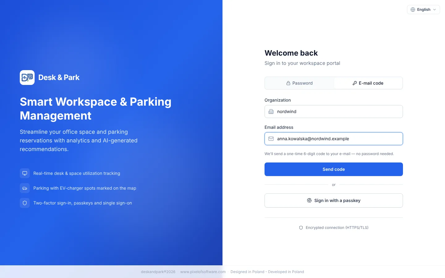 La page de connexion de Desk & Park avec mot de passe ou code par e-mail, et un bouton de connexion par passkey