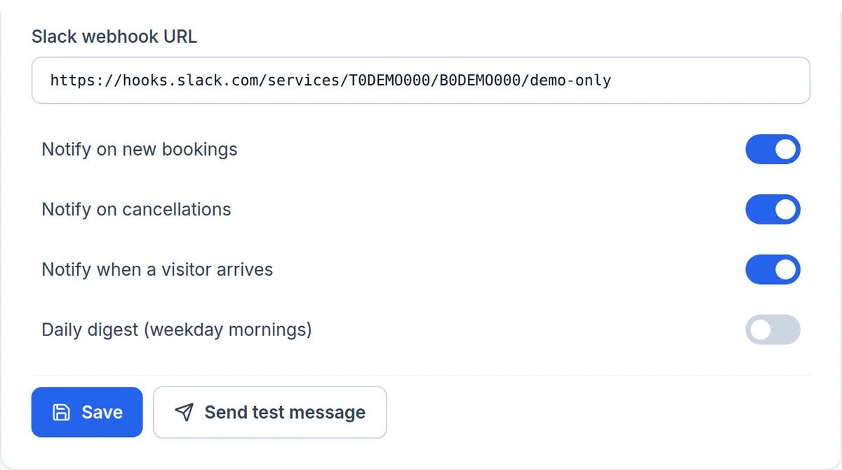 Slack integration settings: the webhook URL, switches for new bookings, cancellations, visitor arrivals and the daily digest, and a Send test message button