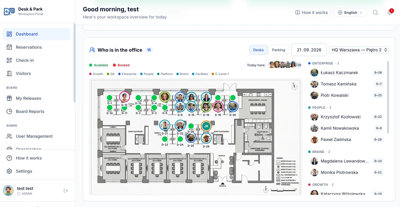 The Who is in the office view: a floor plan with colleagues' photos ringed in team colours, and today's roster grouped by team