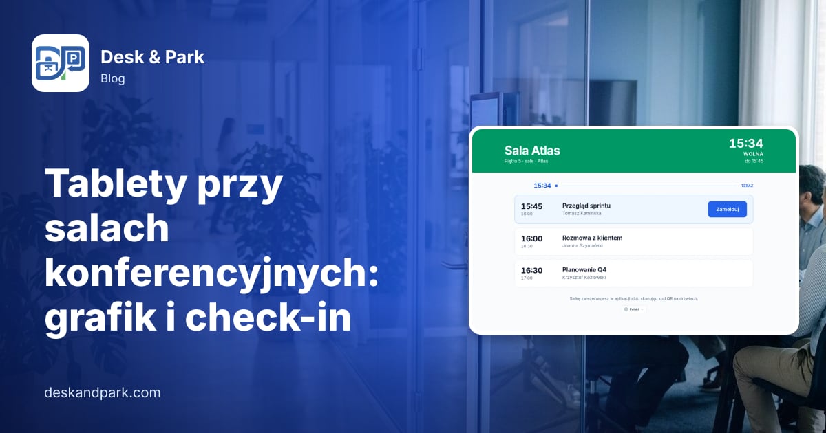 Tablet rezerwacyjny na szklanej ścianie sali spotkań, w której trwa spotkanie zespołu, z tabletem przy sali z planem dnia