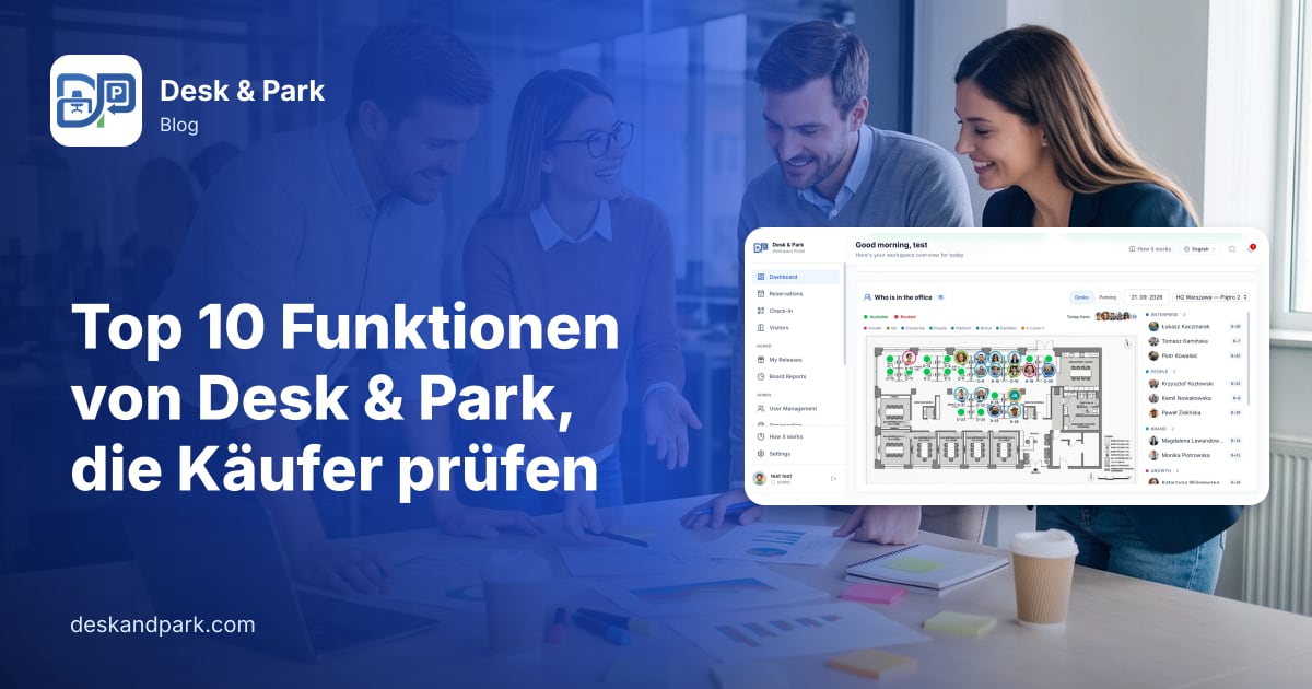Vier Kollegen planen gemeinsam mit Unterlagen und Laptop an einem Bürotisch, mit der Etagenkarte „Wer ist im Büro“