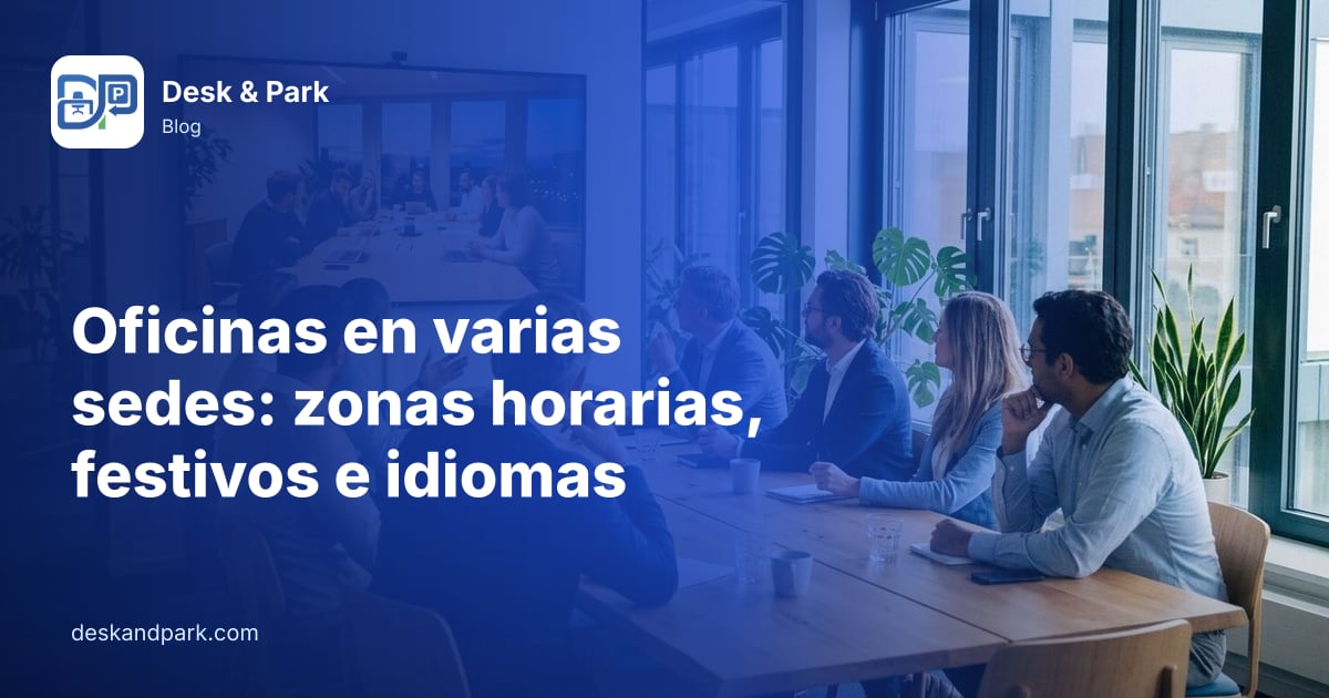 Un equipo en una mesa de reuniones en videollamada con compañeros de otra oficina en una gran pantalla