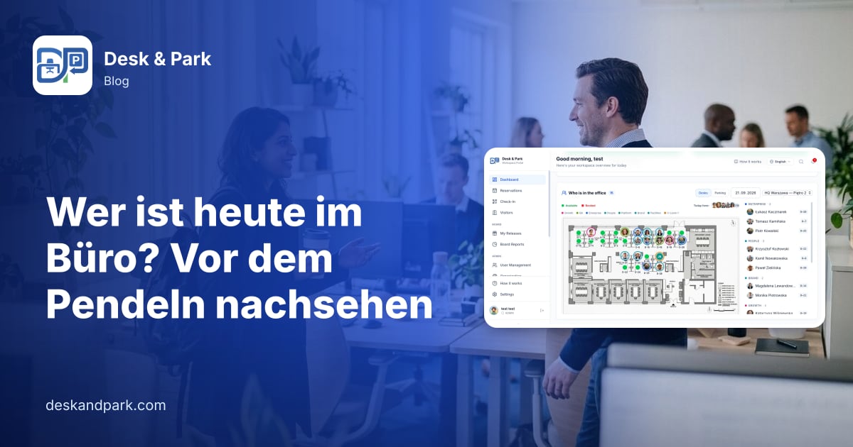 Zwei Kollegen begrüßen sich im hybriden Büro, eine kommt gerade mit Rucksack und Kaffee an, mit der Etagenkarte „Wer ist im Büro“