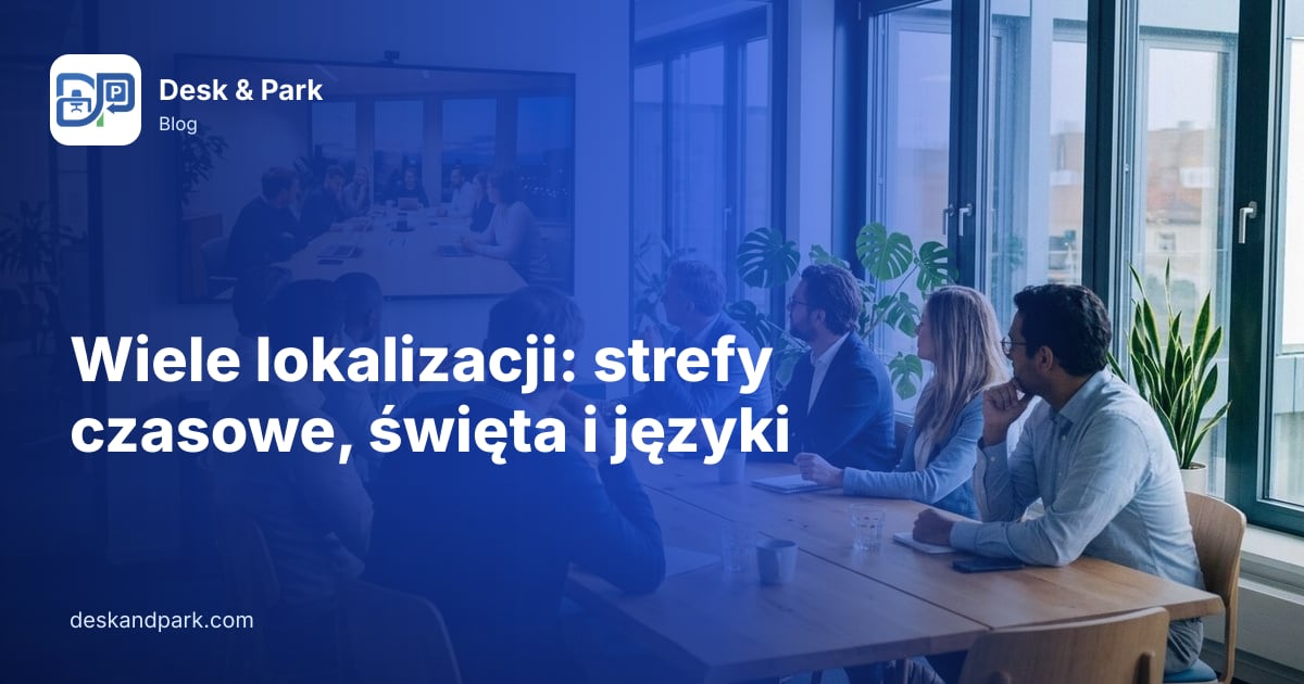 Zespół przy stole rozmawia przez wideo z kolegami z innego biura widocznymi na dużym ekranie