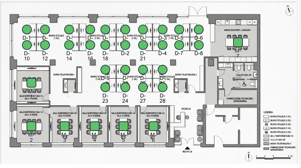 Floor plan of an office with numbered desks D-1 to D-28 and meeting rooms marked as pins on the plan.