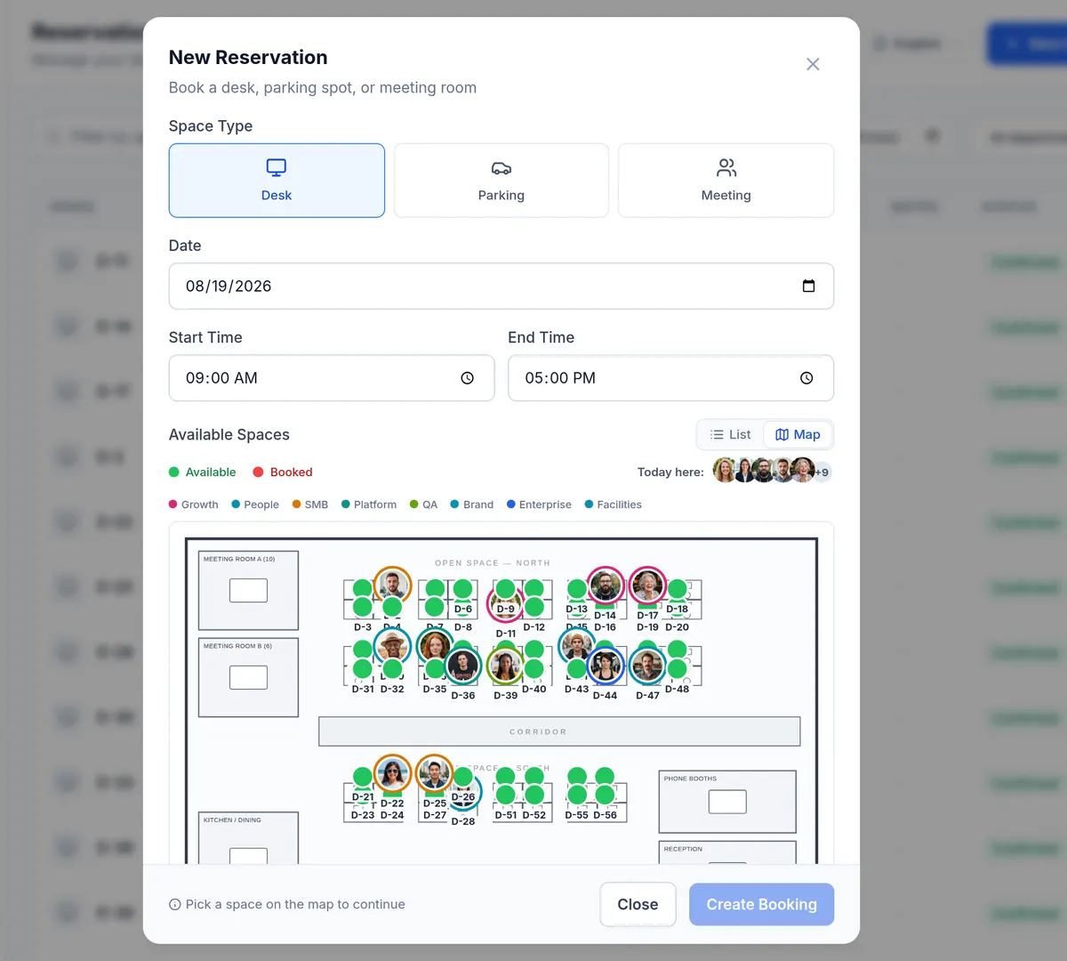 Booking from the map: available desks in green, the people already there shown on their spaces.