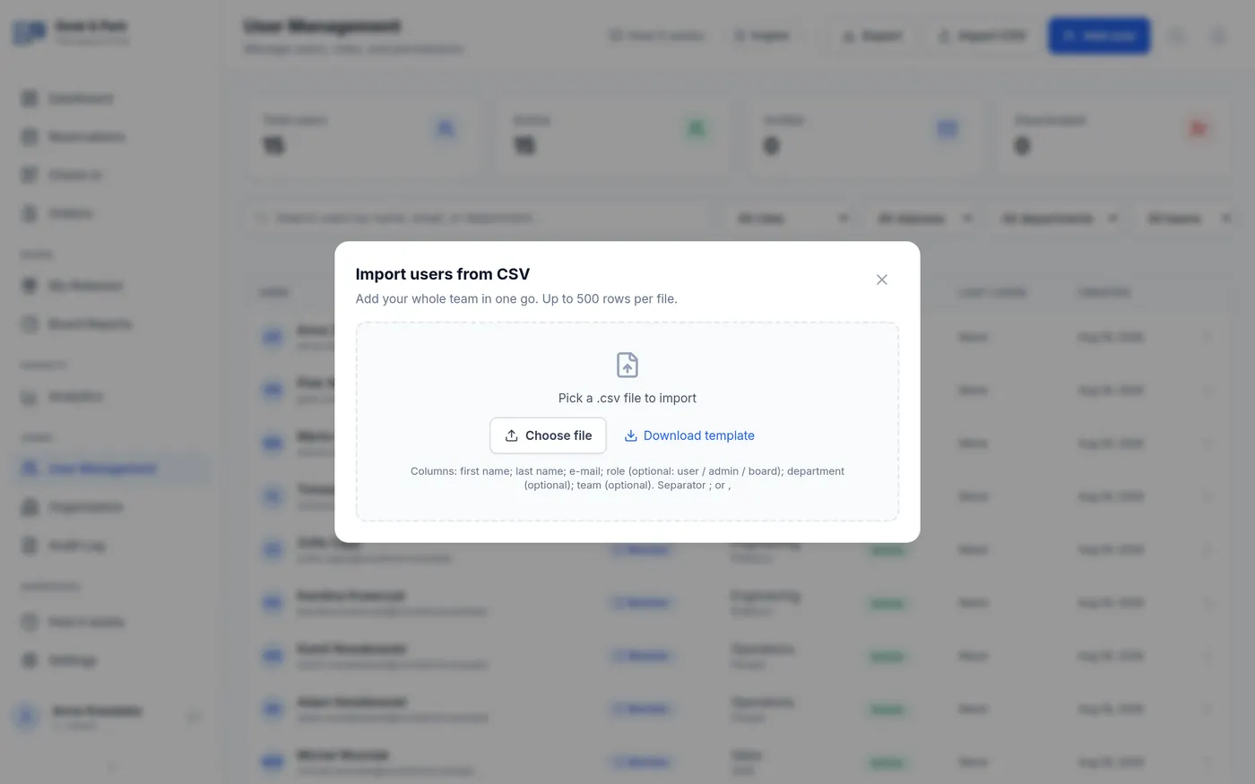 The CSV import dialog with the template download and the exact column list.