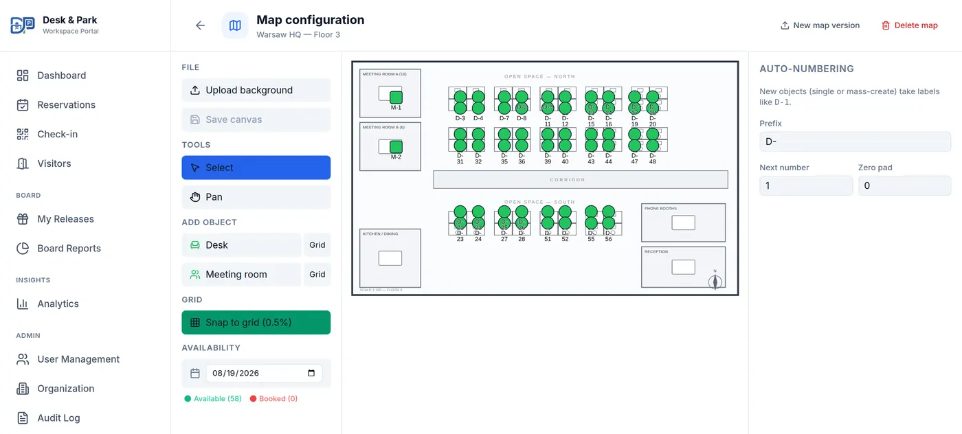 The map editor: the uploaded plan with desks and meeting rooms placed, tools on the left, auto-numbering on the right.