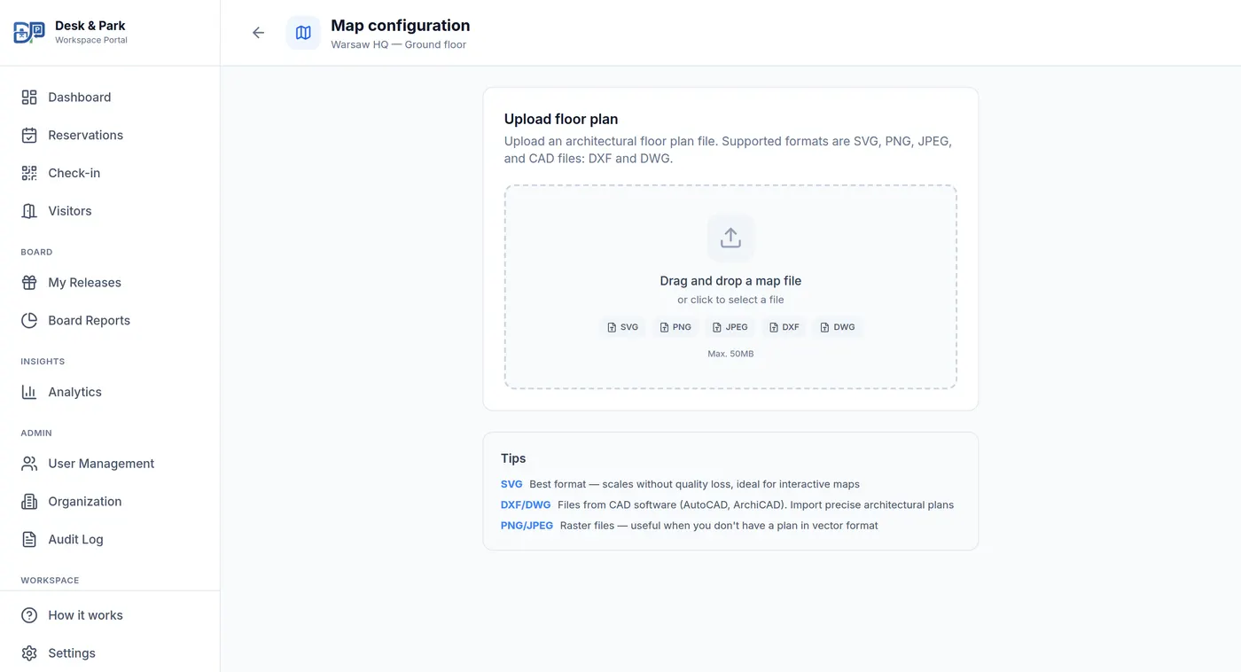 The upload screen: drag and drop, the accepted formats, the 50 MB ceiling and the format tips.