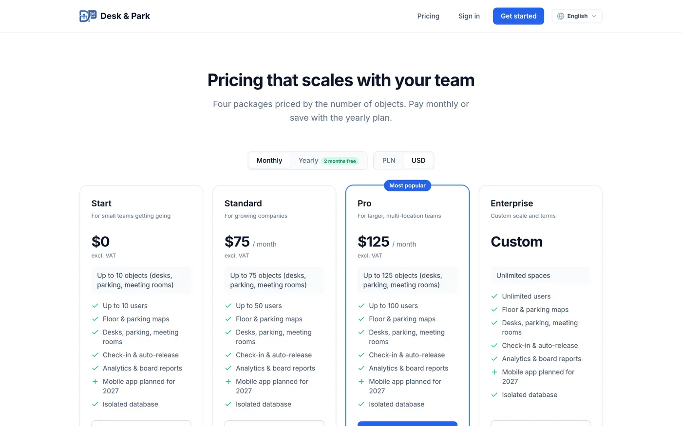 The public pricing page — Start, Standard, Pro and Enterprise with their user and space ceilings.