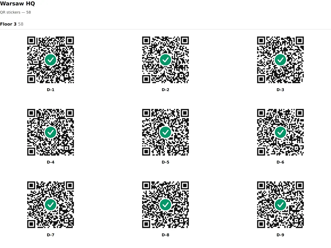 The printable QR sheet: one document for the whole location, each code captioned with its space.