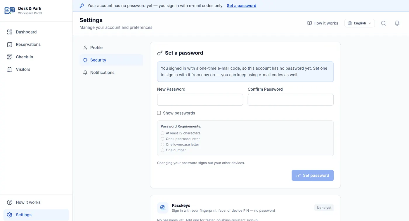 Settings → Security on an account that signed in with a code: the “Set a password” card with the live requirement checklist.