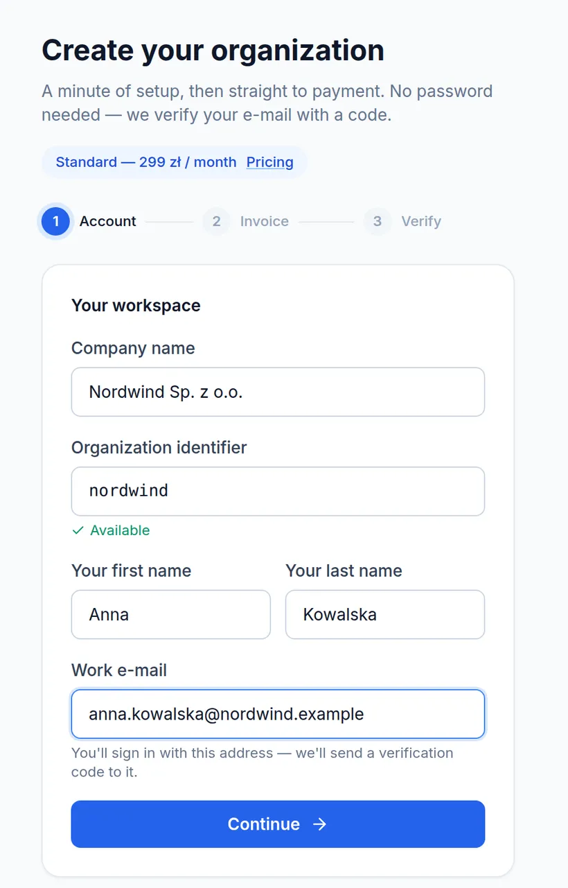 Step 1 of the signup wizard — company name, organization identifier confirmed as available, and the admin’s work e-mail.