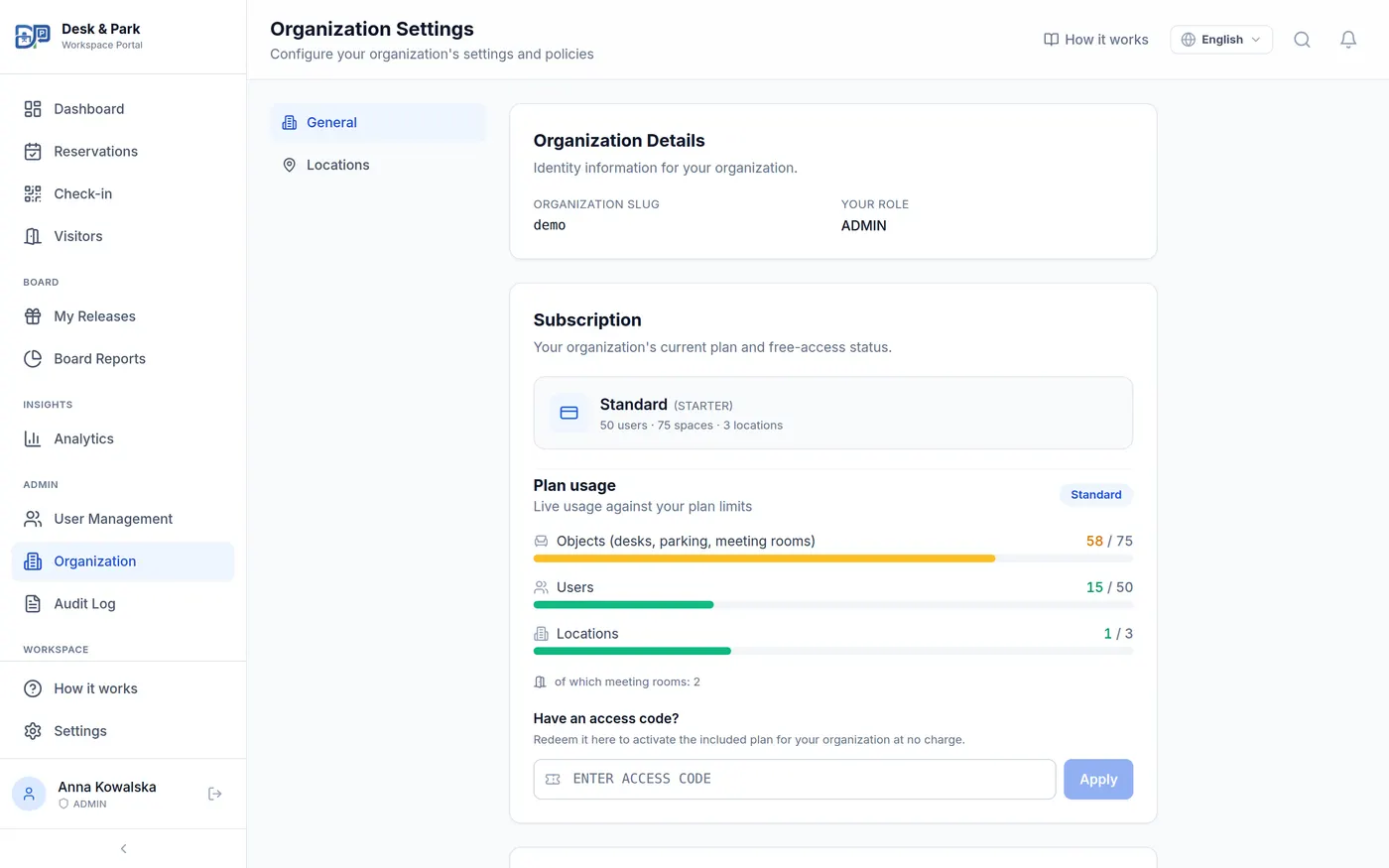 Organization → Subscription: the live plan with usage against its limits, the billing portal button, and access-code redemption.