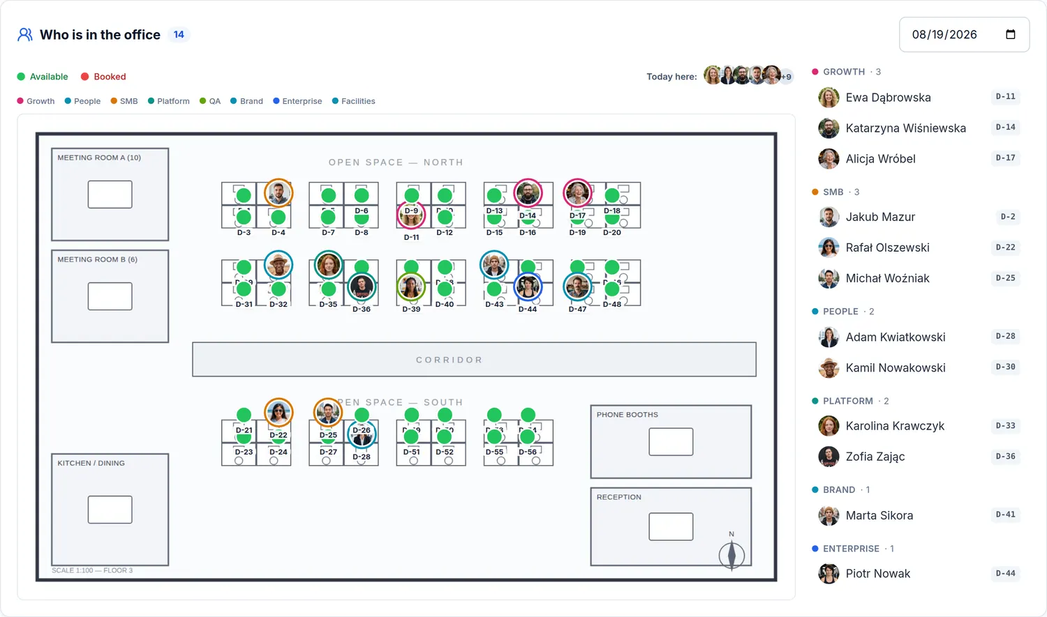 “Who is in the office” — the floor plan with today’s bookings and the roster grouped by team, colour-coded per team.
