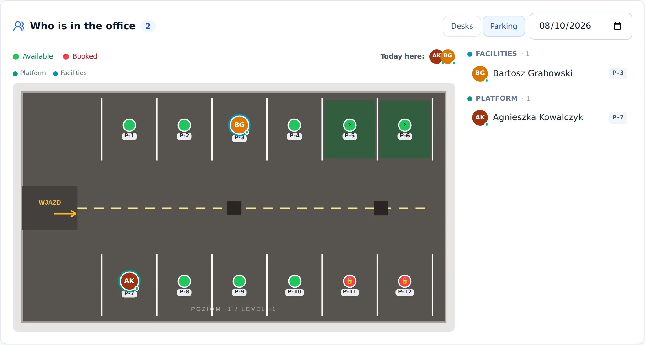 The same panel switched to the Parking view: a parking map with avatars on booked stalls, EV bays marked, and the roster on the right.